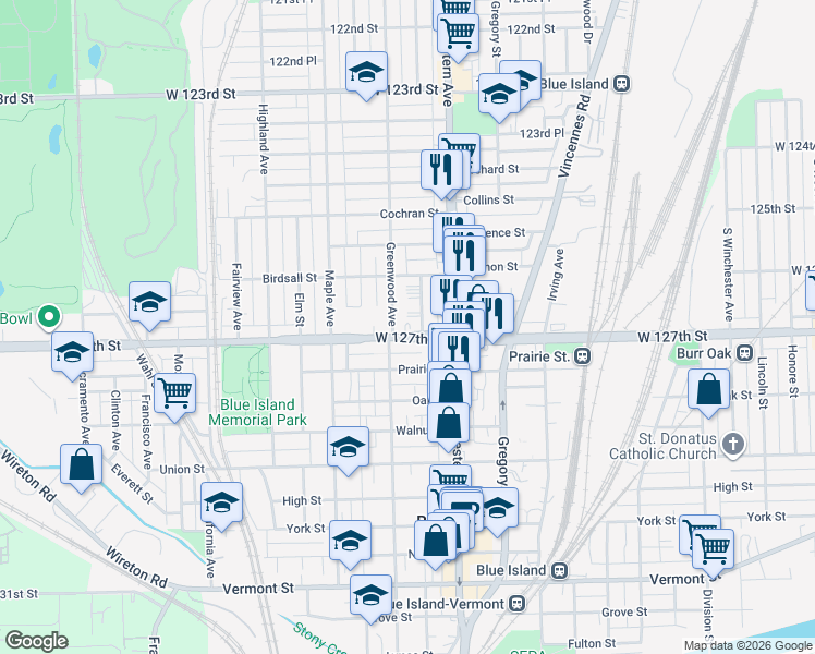 map of restaurants, bars, coffee shops, grocery stores, and more near 2473 Burr Oak Avenue in Blue Island