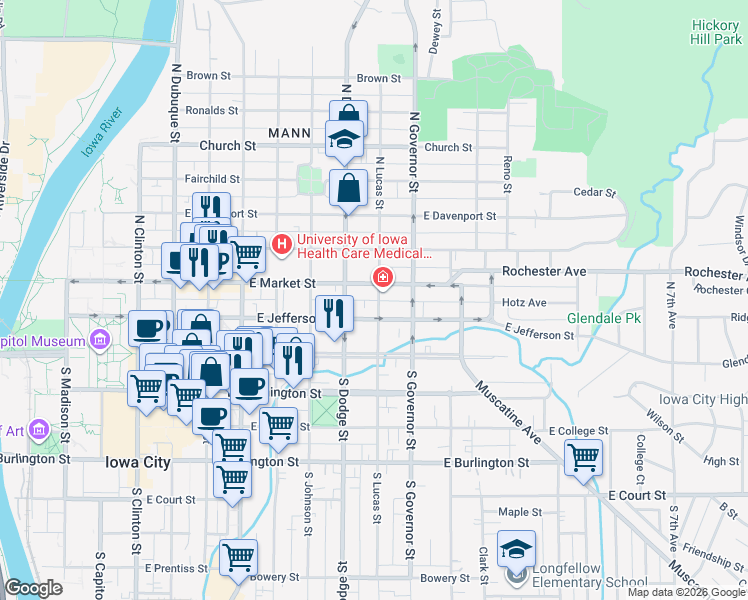 map of restaurants, bars, coffee shops, grocery stores, and more near 810 East Jefferson Street in Iowa City