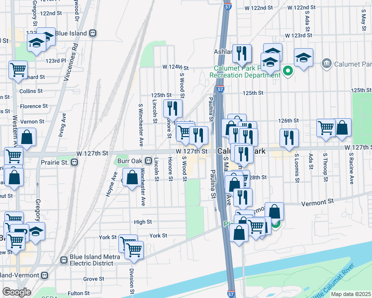 map of restaurants, bars, coffee shops, grocery stores, and more near 1746 Burr Oak Avenue in Calumet Park