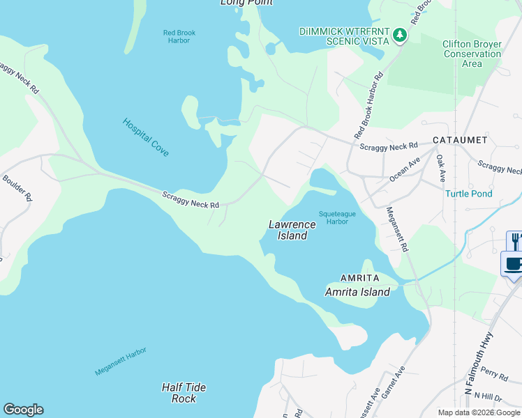 map of restaurants, bars, coffee shops, grocery stores, and more near 243 Scraggy Neck Road in Bourne