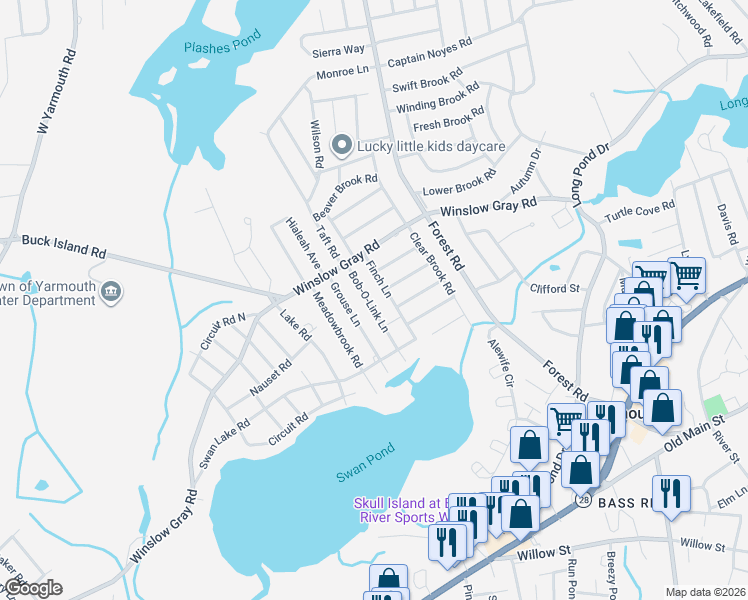 map of restaurants, bars, coffee shops, grocery stores, and more near 36 Bob-O-Link Lane in Yarmouth