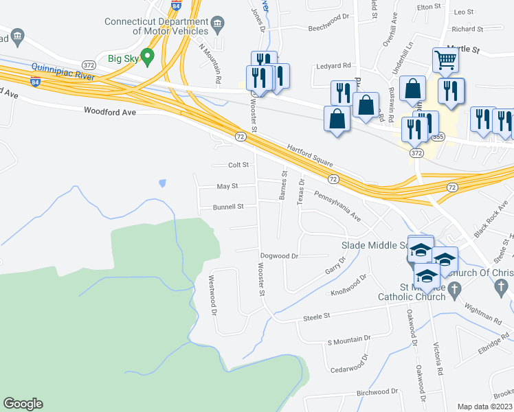 map of restaurants, bars, coffee shops, grocery stores, and more near 2 Bunnell Street in New Britain