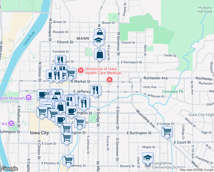 map of restaurants, bars, coffee shops, grocery stores, and more near 810 East Jefferson Street in Iowa City