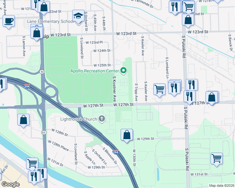 map of restaurants, bars, coffee shops, grocery stores, and more near 4300 West Emerald Way Street in Alsip