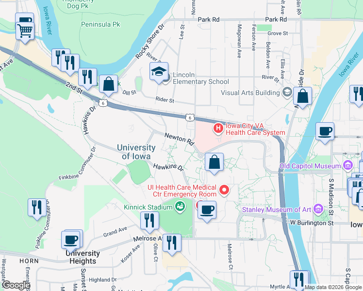 map of restaurants, bars, coffee shops, grocery stores, and more near 801 Newton Road in Iowa City