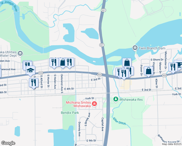 map of restaurants, bars, coffee shops, grocery stores, and more near 2512 Lincolnway East in Mishawaka