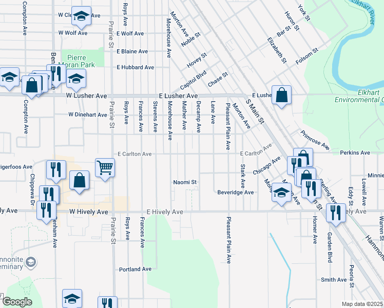map of restaurants, bars, coffee shops, grocery stores, and more near 610 East Carlton Avenue in Elkhart