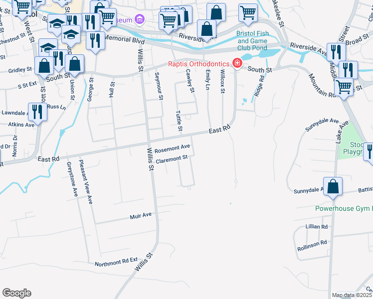 map of restaurants, bars, coffee shops, grocery stores, and more near 66 Claremont Street in Bristol