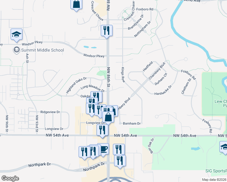 map of restaurants, bars, coffee shops, grocery stores, and more near 8536 Long Meadow Lane in Johnston