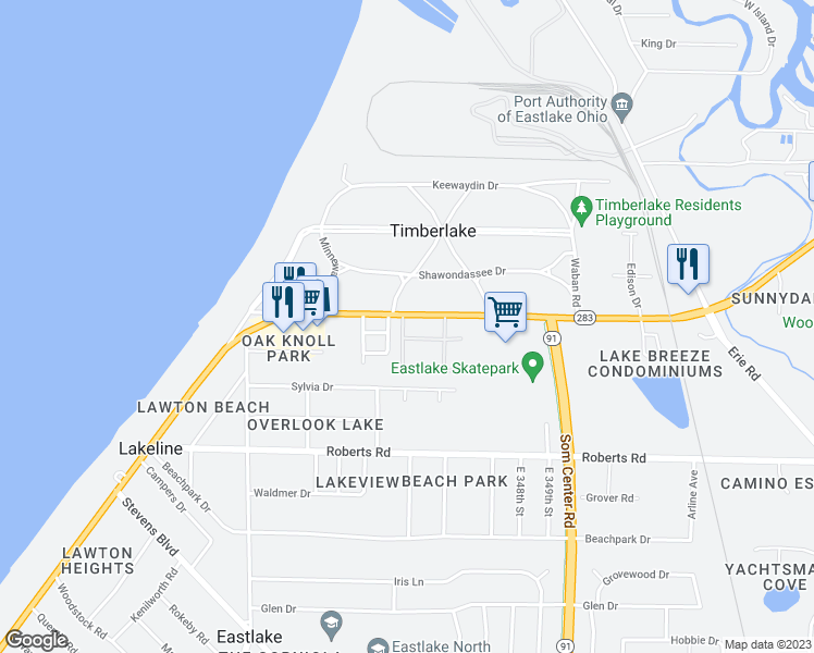 map of restaurants, bars, coffee shops, grocery stores, and more near 34810 Lakeshore Boulevard in Timberlake