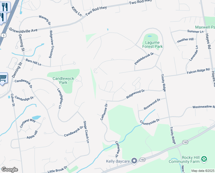 map of restaurants, bars, coffee shops, grocery stores, and more near 28 Parish Road in Rocky Hill