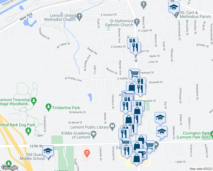 map of restaurants, bars, coffee shops, grocery stores, and more near 1009 Walter Street in Lemont