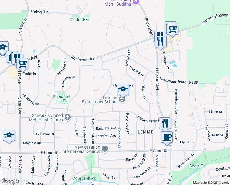 map of restaurants, bars, coffee shops, grocery stores, and more near 5 Penn Cir in Iowa City