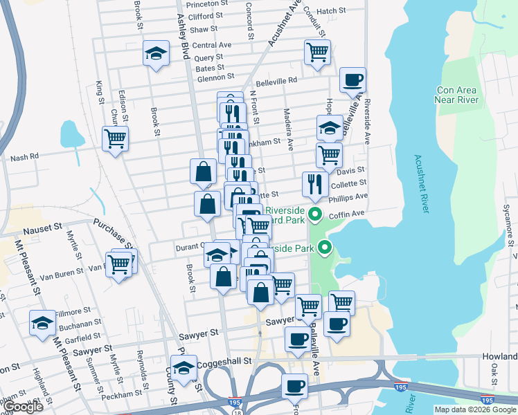 map of restaurants, bars, coffee shops, grocery stores, and more near 194 Phillips Avenue in New Bedford