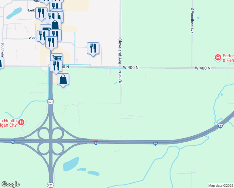 map of restaurants, bars, coffee shops, grocery stores, and more near 3818 North 950 West in Michigan City