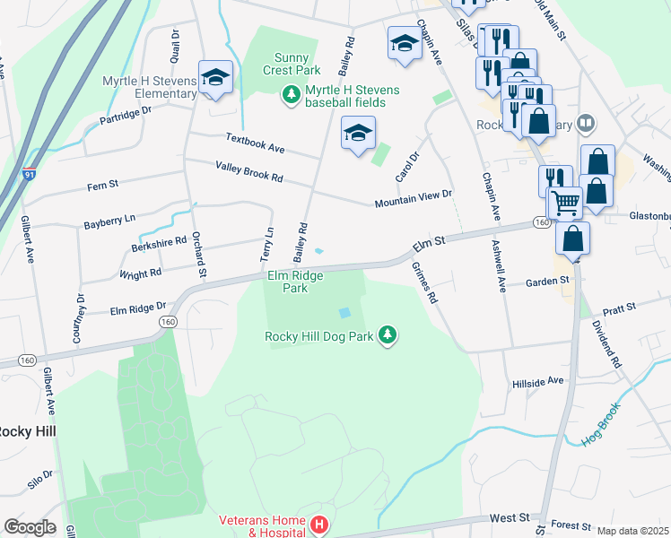 map of restaurants, bars, coffee shops, grocery stores, and more near 292-374 Elm Street in Rocky Hill