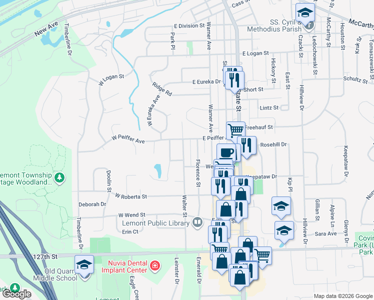 map of restaurants, bars, coffee shops, grocery stores, and more near 1020 Walter Street in Lemont