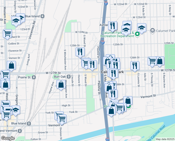map of restaurants, bars, coffee shops, grocery stores, and more near 1746 Burr Oak Avenue in Calumet Park