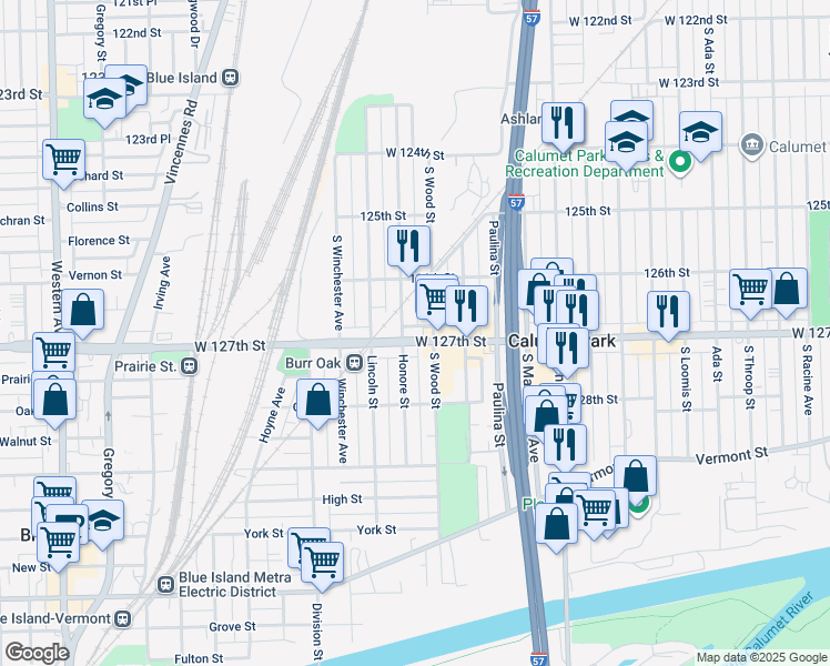 map of restaurants, bars, coffee shops, grocery stores, and more near 1812 West 127th Street in Calumet Park