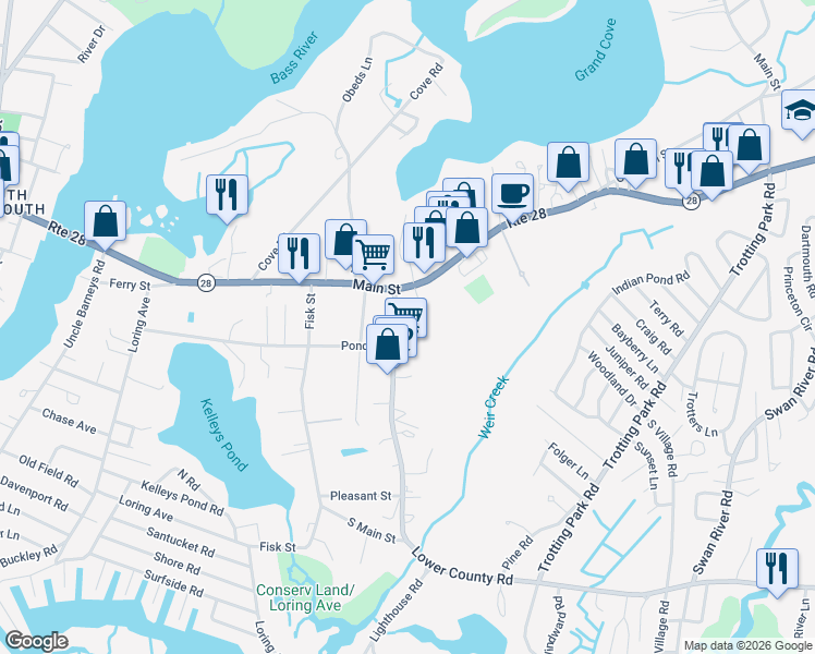 map of restaurants, bars, coffee shops, grocery stores, and more near 66 School Street in Dennis