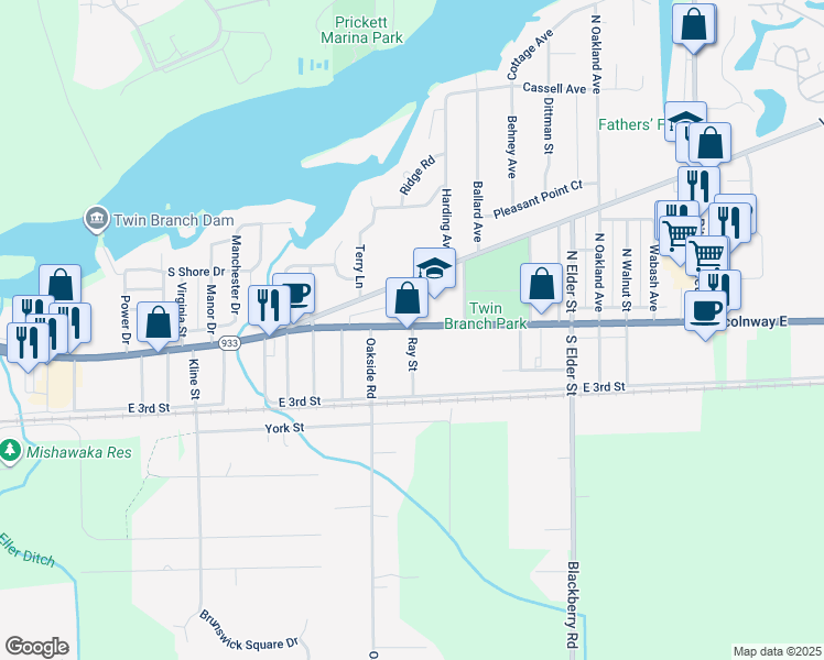 map of restaurants, bars, coffee shops, grocery stores, and more near 111 Ray Street in Mishawaka