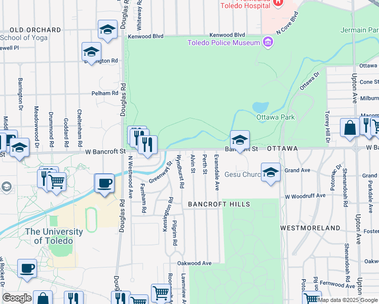 map of restaurants, bars, coffee shops, grocery stores, and more near 2515 West Bancroft Street in Toledo