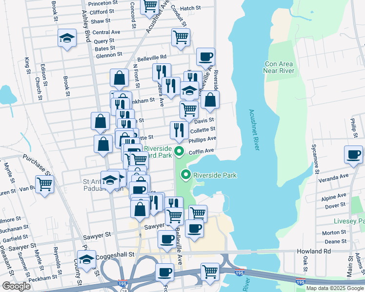 map of restaurants, bars, coffee shops, grocery stores, and more near 144 Coffin Avenue in New Bedford