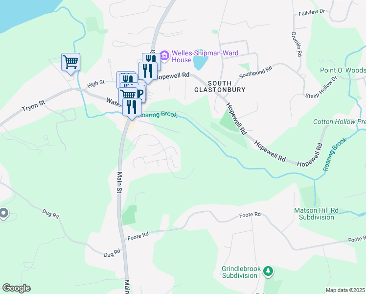 map of restaurants, bars, coffee shops, grocery stores, and more near 29 Overshot Drive in Glastonbury