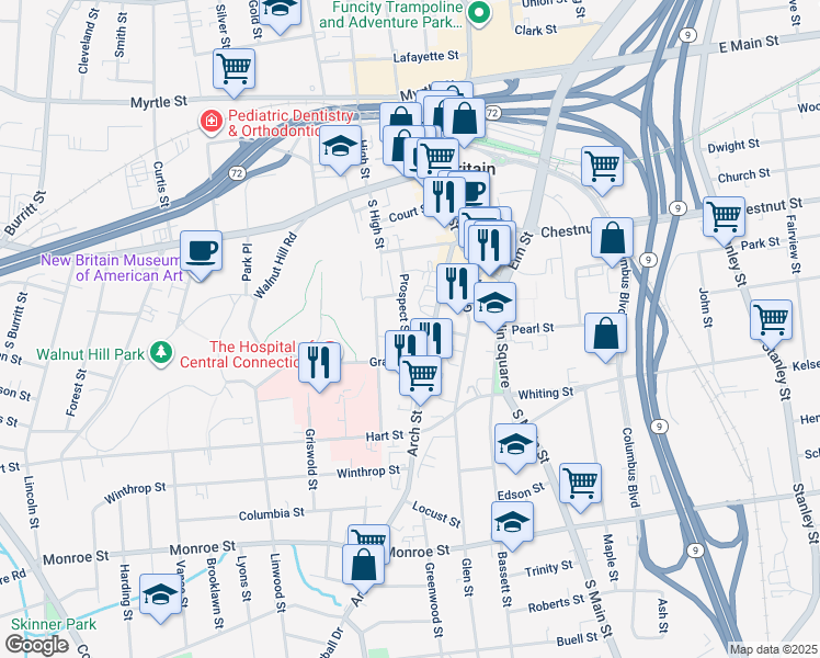 map of restaurants, bars, coffee shops, grocery stores, and more near 241 Arch Street in New Britain