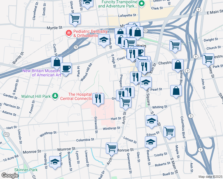 map of restaurants, bars, coffee shops, grocery stores, and more near 54 Camp Street in New Britain