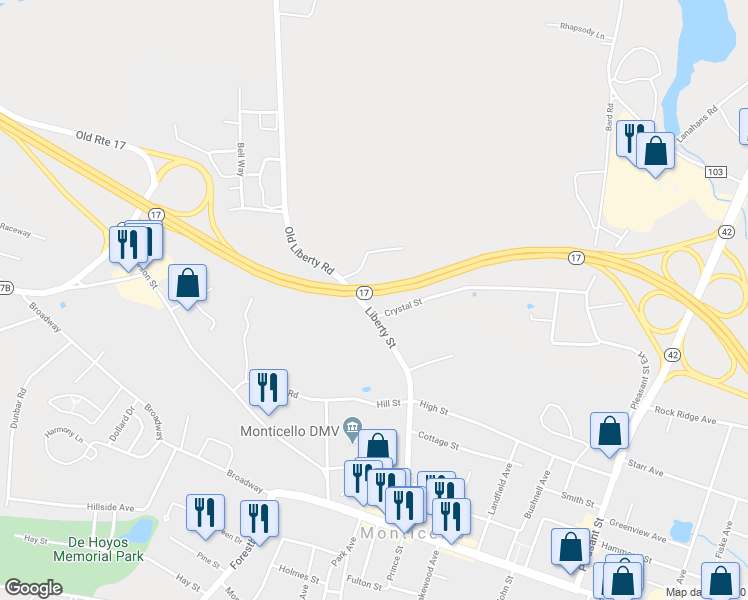 map of restaurants, bars, coffee shops, grocery stores, and more near 7 Crystal in Monticello