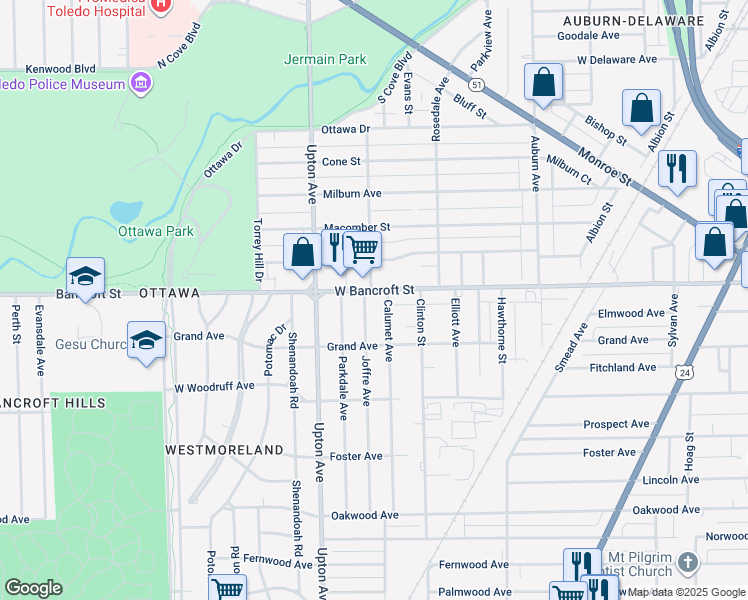 map of restaurants, bars, coffee shops, grocery stores, and more near 2132 Joffre Avenue in Toledo
