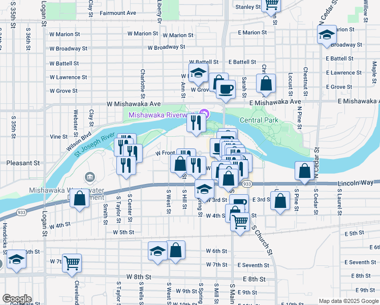 map of restaurants, bars, coffee shops, grocery stores, and more near 318 West 1st Street in Mishawaka