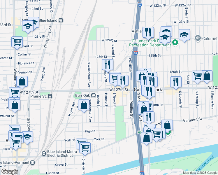 map of restaurants, bars, coffee shops, grocery stores, and more near 1746 Burr Oak Avenue in Calumet Park