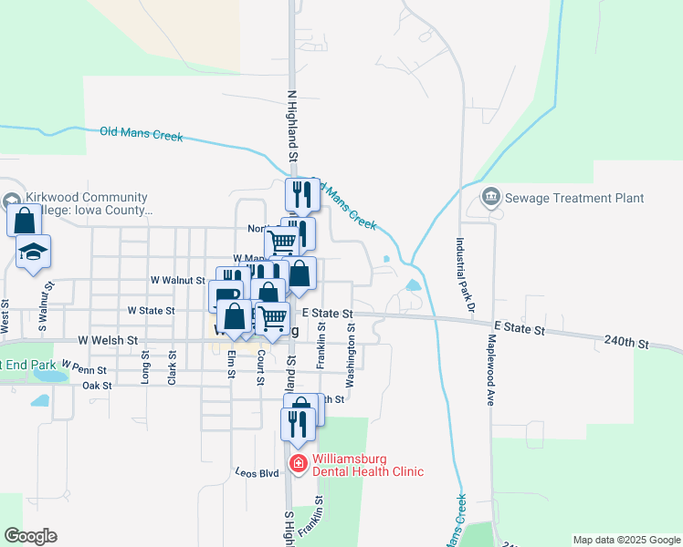 map of restaurants, bars, coffee shops, grocery stores, and more near 200-298 East Walnut Street in Williamsburg