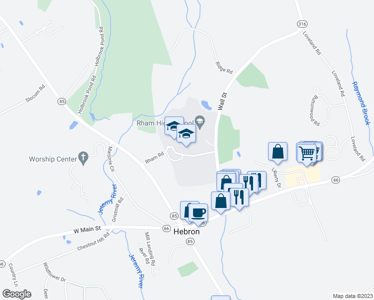 map of restaurants, bars, coffee shops, grocery stores, and more near 85 Wall Street in Hebron