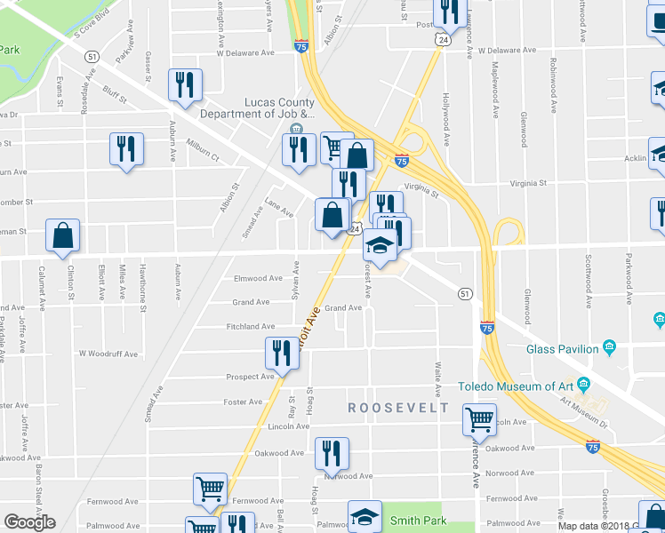 map of restaurants, bars, coffee shops, grocery stores, and more near 1120 Horace Street in Toledo