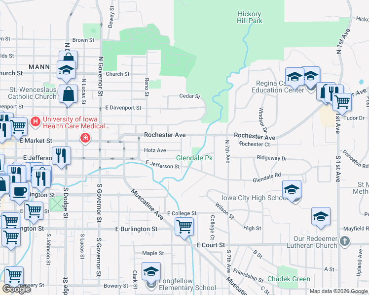 map of restaurants, bars, coffee shops, grocery stores, and more near 126 Parsons Avenue in Iowa City