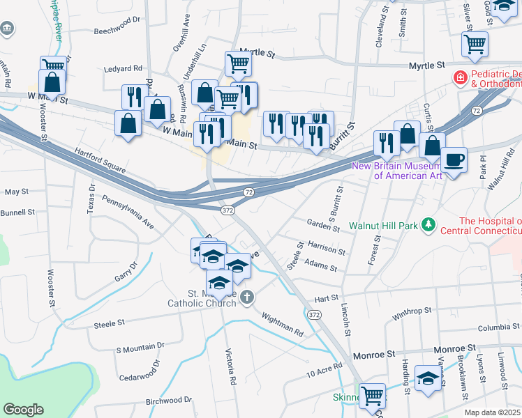 map of restaurants, bars, coffee shops, grocery stores, and more near 975 Corbin Avenue in New Britain