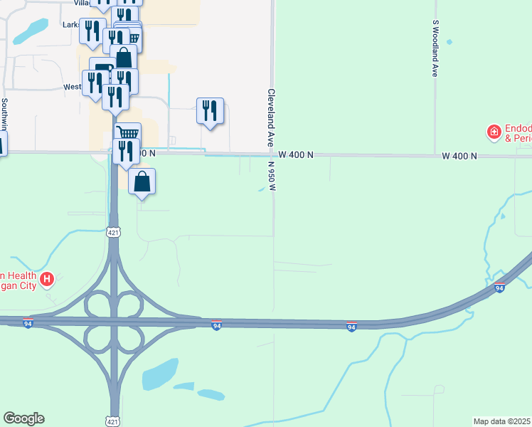 map of restaurants, bars, coffee shops, grocery stores, and more near 3818 North 950 West in Michigan City