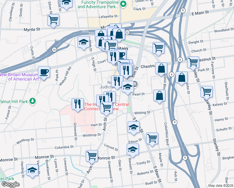 map of restaurants, bars, coffee shops, grocery stores, and more near 22 West Pearl Street in New Britain