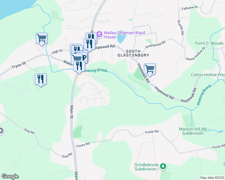 map of restaurants, bars, coffee shops, grocery stores, and more near 29 Overshot Drive in Glastonbury