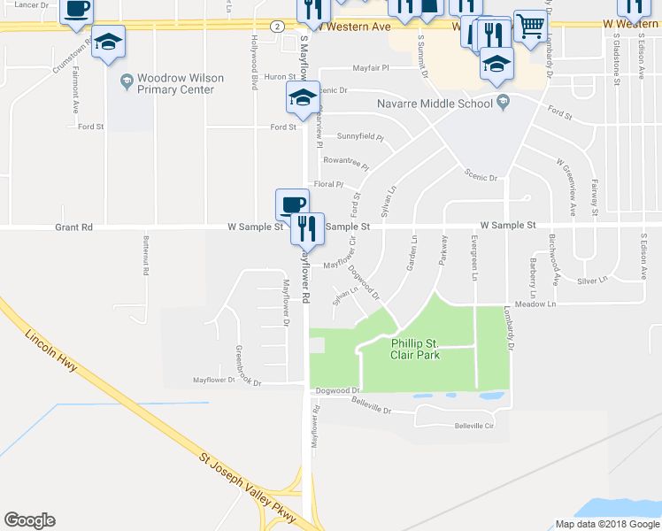 map of restaurants, bars, coffee shops, grocery stores, and more near 999 Mayflower Circle in South Bend