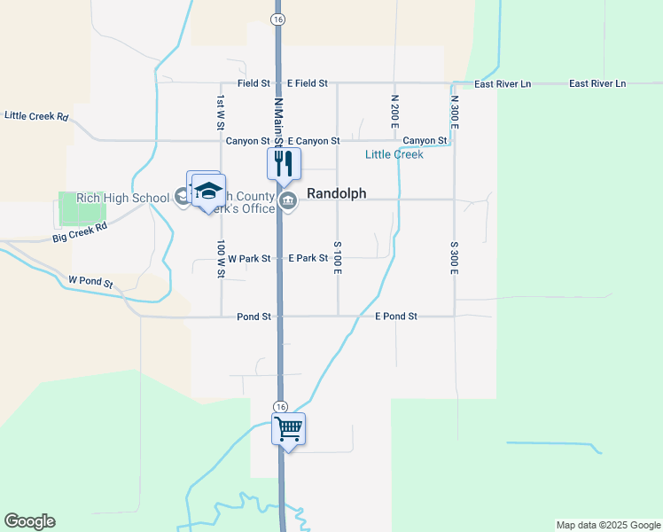 map of restaurants, bars, coffee shops, grocery stores, and more near 155 South Park East in Randolph