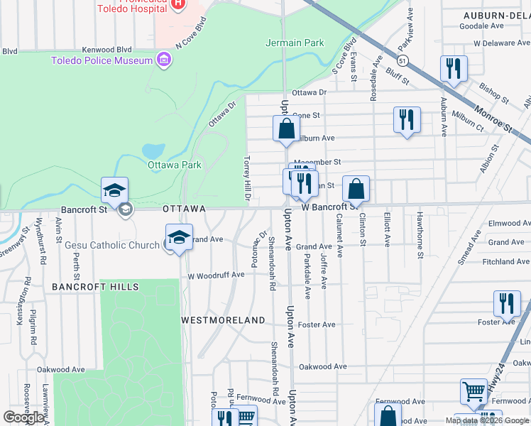 map of restaurants, bars, coffee shops, grocery stores, and more near 2140 Mount Vernon Avenue in Toledo