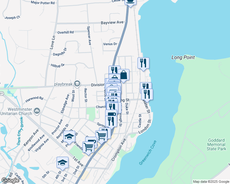 map of restaurants, bars, coffee shops, grocery stores, and more near 6 King Street in East Greenwich