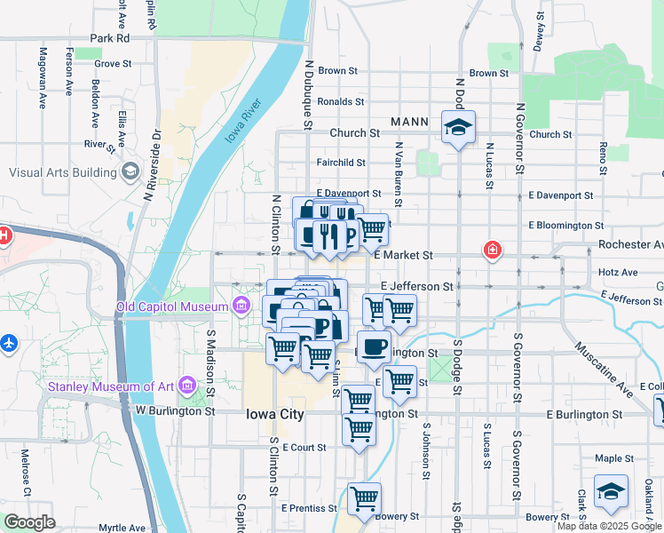 map of restaurants, bars, coffee shops, grocery stores, and more near 119 North Linn Street in Iowa City