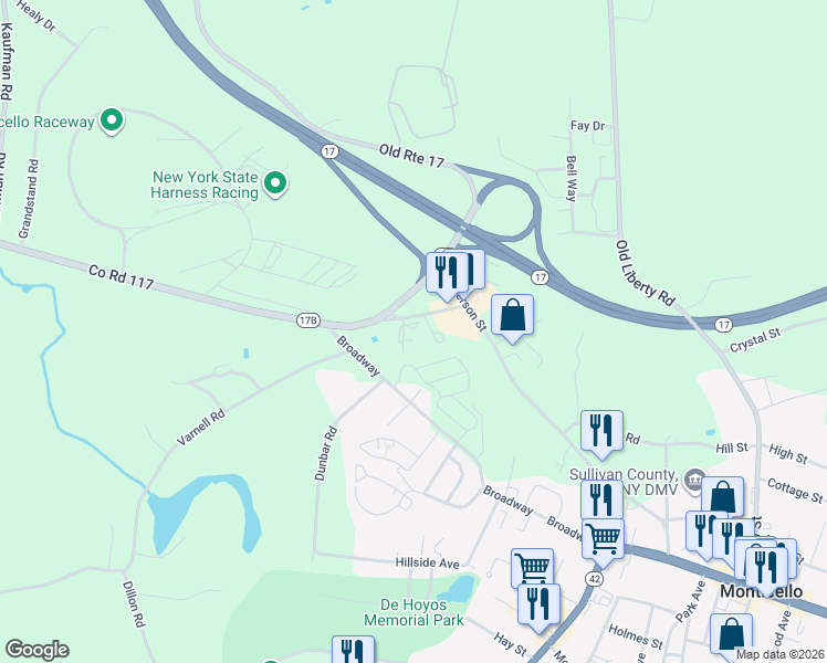 map of restaurants, bars, coffee shops, grocery stores, and more near 16 Raceway Rd in Monticello