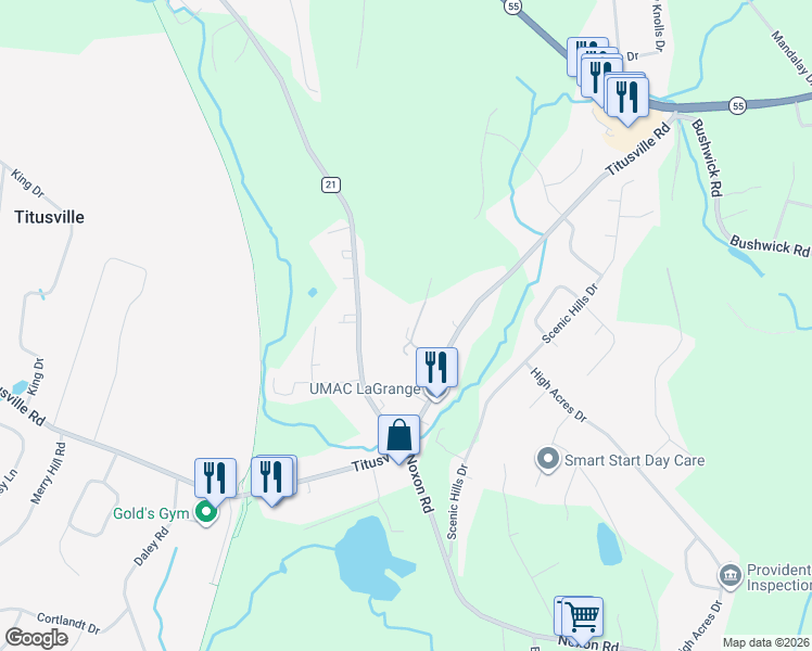 map of restaurants, bars, coffee shops, grocery stores, and more near 321 Titusville Road in Poughkeepsie