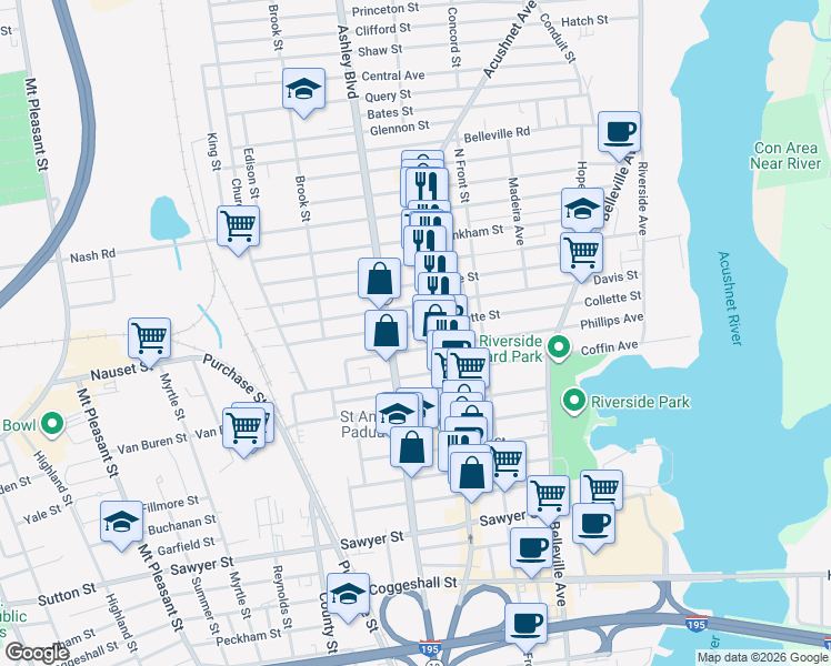 map of restaurants, bars, coffee shops, grocery stores, and more near 224 Phillips Avenue in New Bedford